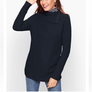 Talbots Chevron Stitch Split Neck Cotton Navy Blue Sweater Medium Petite